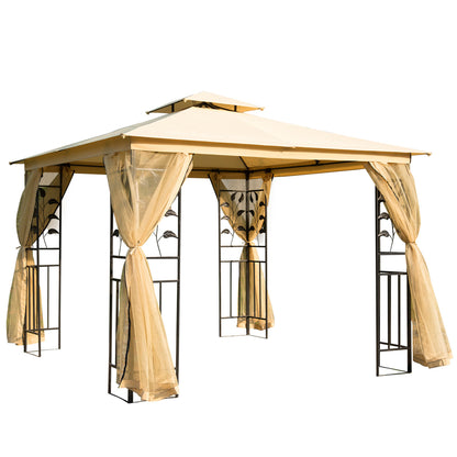 10' x 10' Metal Patio Gazebo, Double Roof Outdoor Gazebo Canopy Shelter with Tree Motifs Corner Frame and Netting, for Garden, Lawn, Backyard, and Deck, Beige