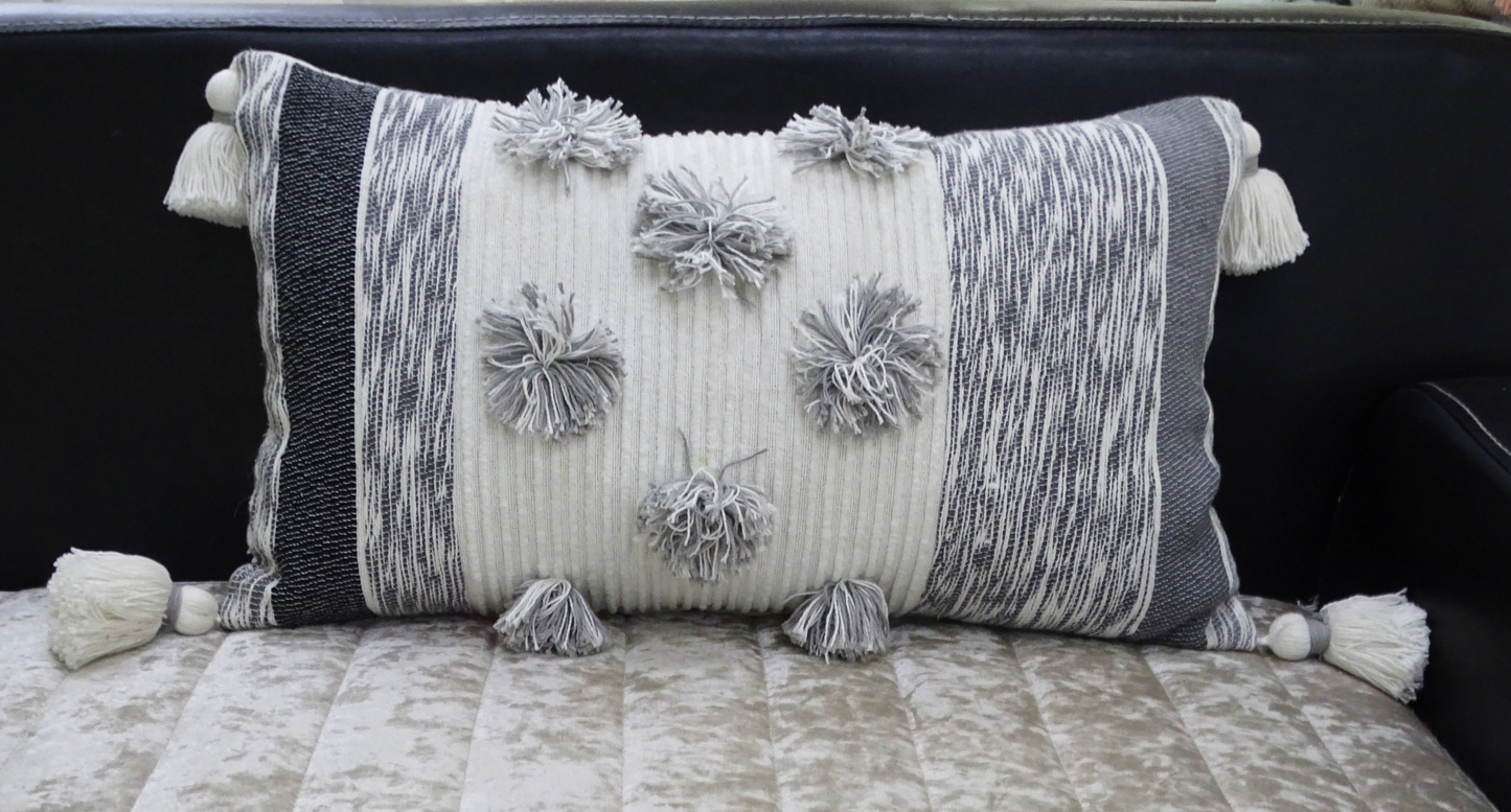 Trendy Melange Striped Throw Pillow with Large Pom-Poms and Tassels