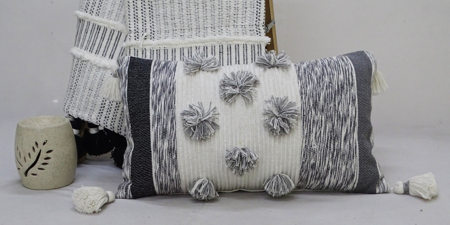 Trendy Melange Striped Throw Pillow with Large Pom-Poms and Tassels