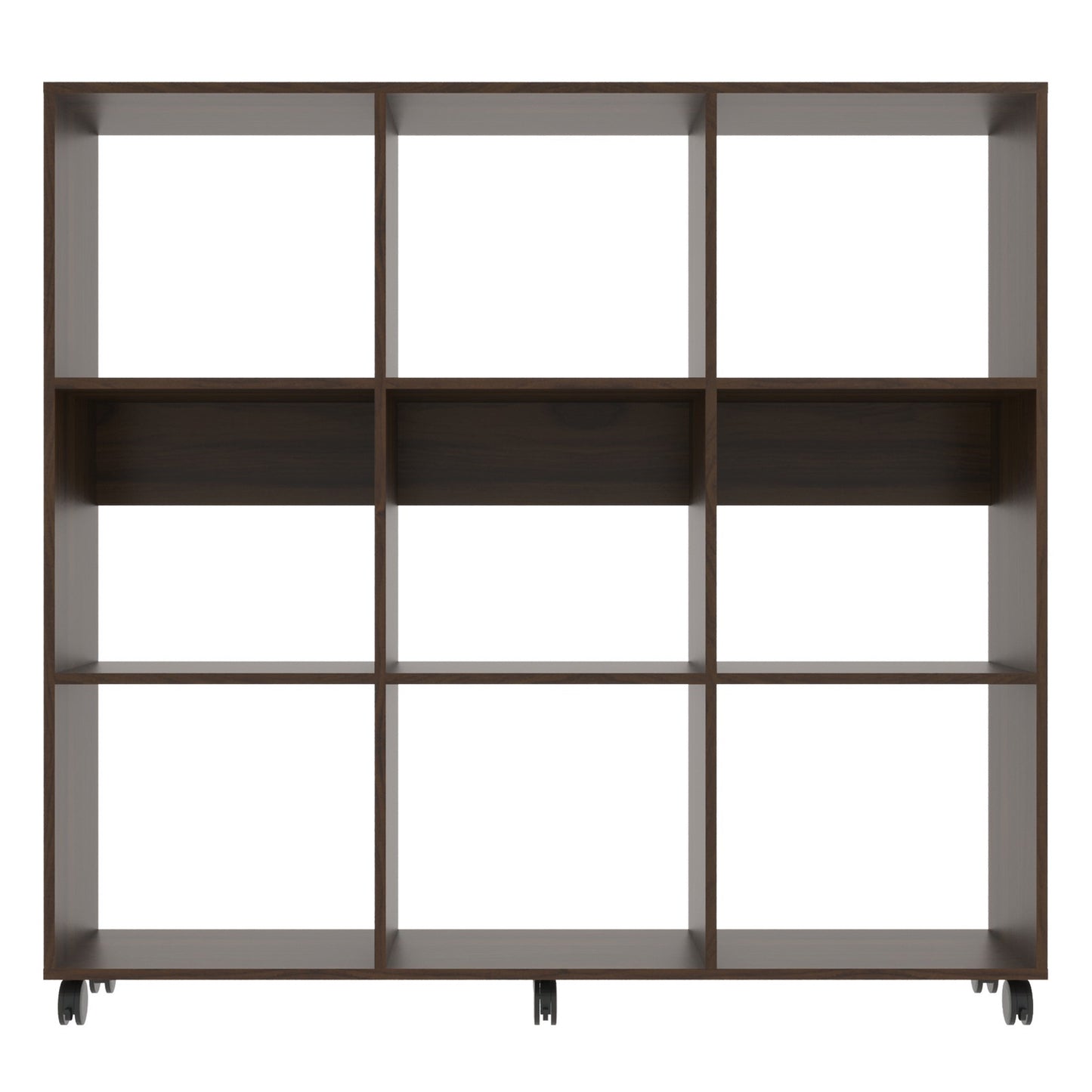 49 Inch Handcrafted Classic Wood Bookcase, 9 Open Compartments, Caster Wheels, Espresso Brown