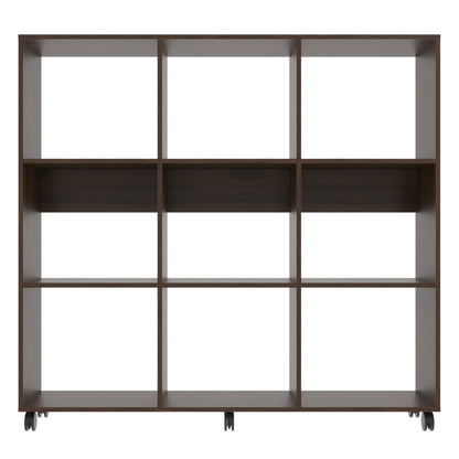 49 Inch Handcrafted Classic Wood Bookcase, 9 Open Compartments, Caster Wheels, Espresso Brown