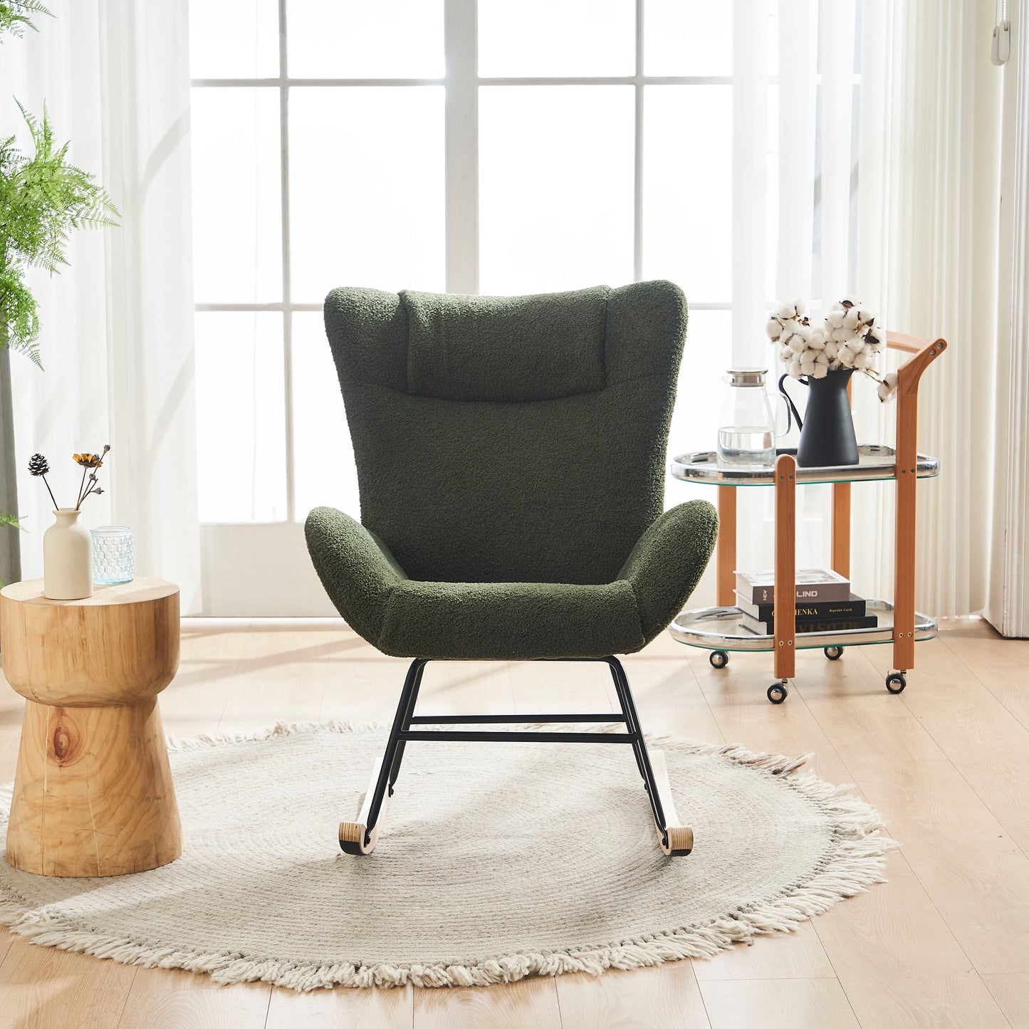 Rocking Chair Nursery, Solid Wood Legs Reading Chair with Teddy Fabric Upholstered , Nap Armchair for Living Rooms, Bedrooms, Offices, Best Gift,Green Teddy fabric