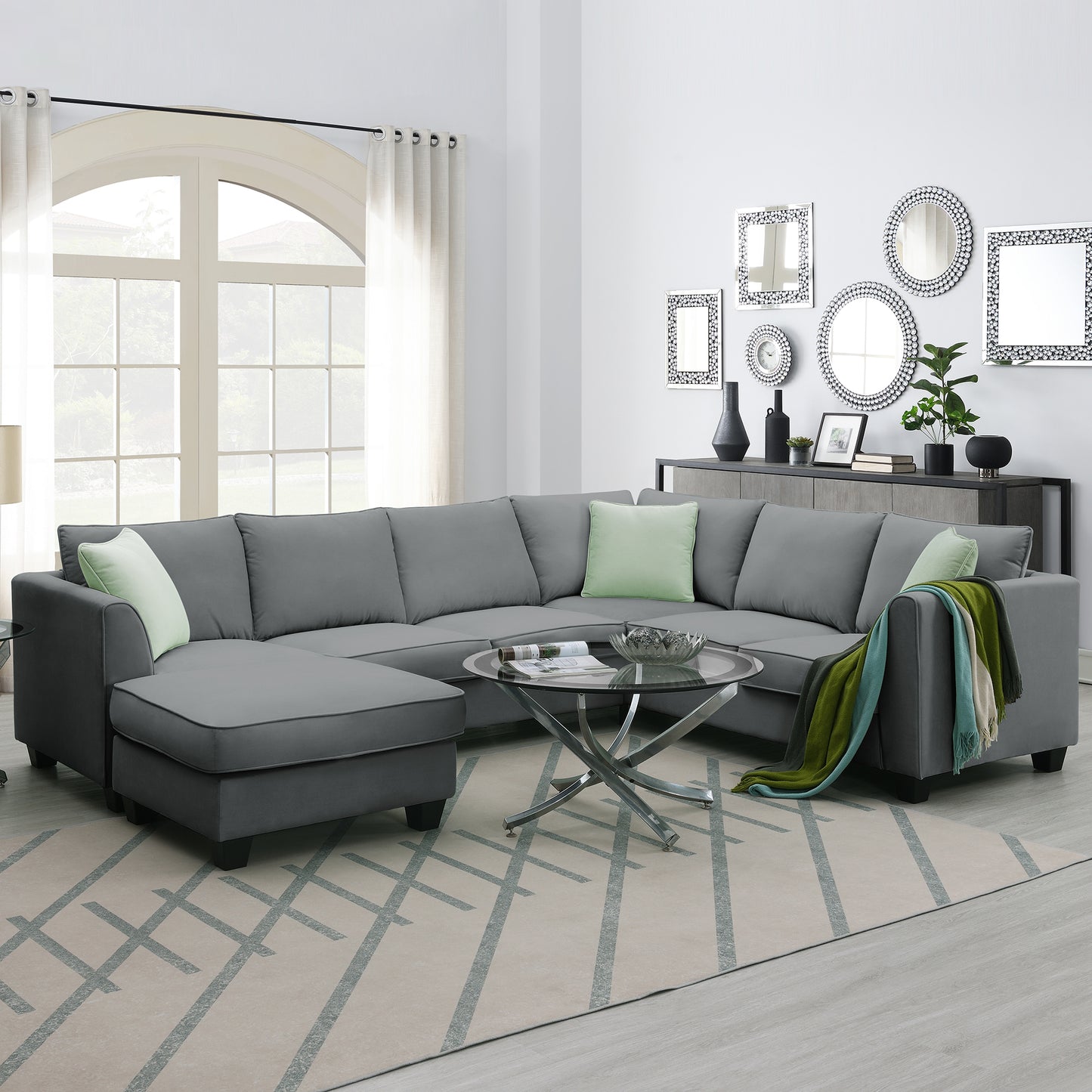 [VIDEO provided] 112*87" Sectional Sofa Couches Living Room Sets 7 Seats Modular Sectional Sofa with Ottoman L Shape Fabric Sofa Corner Couch Set with 3 Pillows, Grey