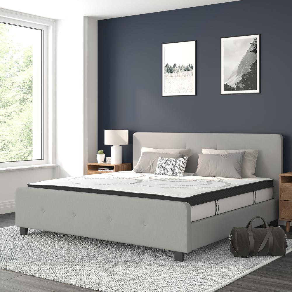 Tribeca King Size Tufted Upholstered Platform Bed in Light Gray Fabric with 10 Inch CertiPUR-US Certified Pocket Spring Mattress