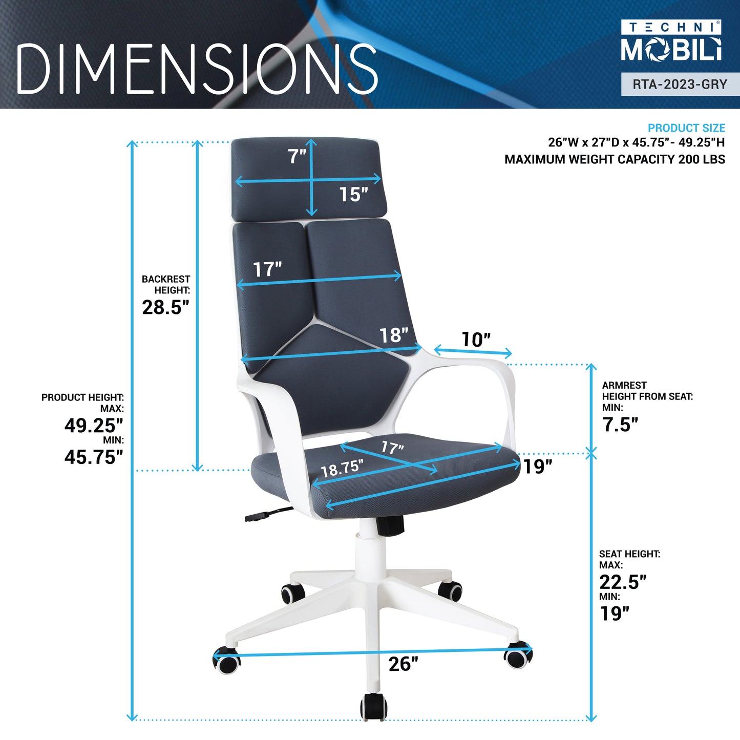 Techni Mobili Modern Studio Office Chair, Grey/White