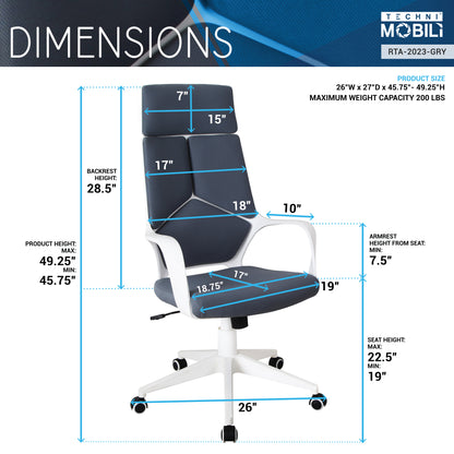 Techni Mobili Modern Studio Office Chair, Grey/White