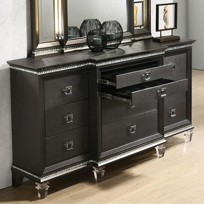 5PC Queen  Bedroom Set: 1 Panel Bed, 2 Night Stands, 1 Dresser with 8 Drawers and Two Jewelry Drawers, and 1 Mirror