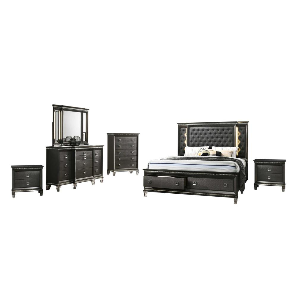 6PC California King Bedroom Set: 1 Panel Bed, 2 Night Stands, 1 Chest with 5 drawers, 1 Dresser with 8 Drawers and Two Jewelry Drawers, and 1 Mirror