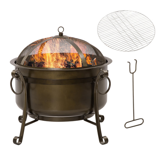 30" Outdoor Fire Pit Grill, Portable Steel Wood Burning Bowl, Cooking Grate, Poker, Spark Screen Lid for Patio, Backyard, BBQ, Camping, Bronze Colored