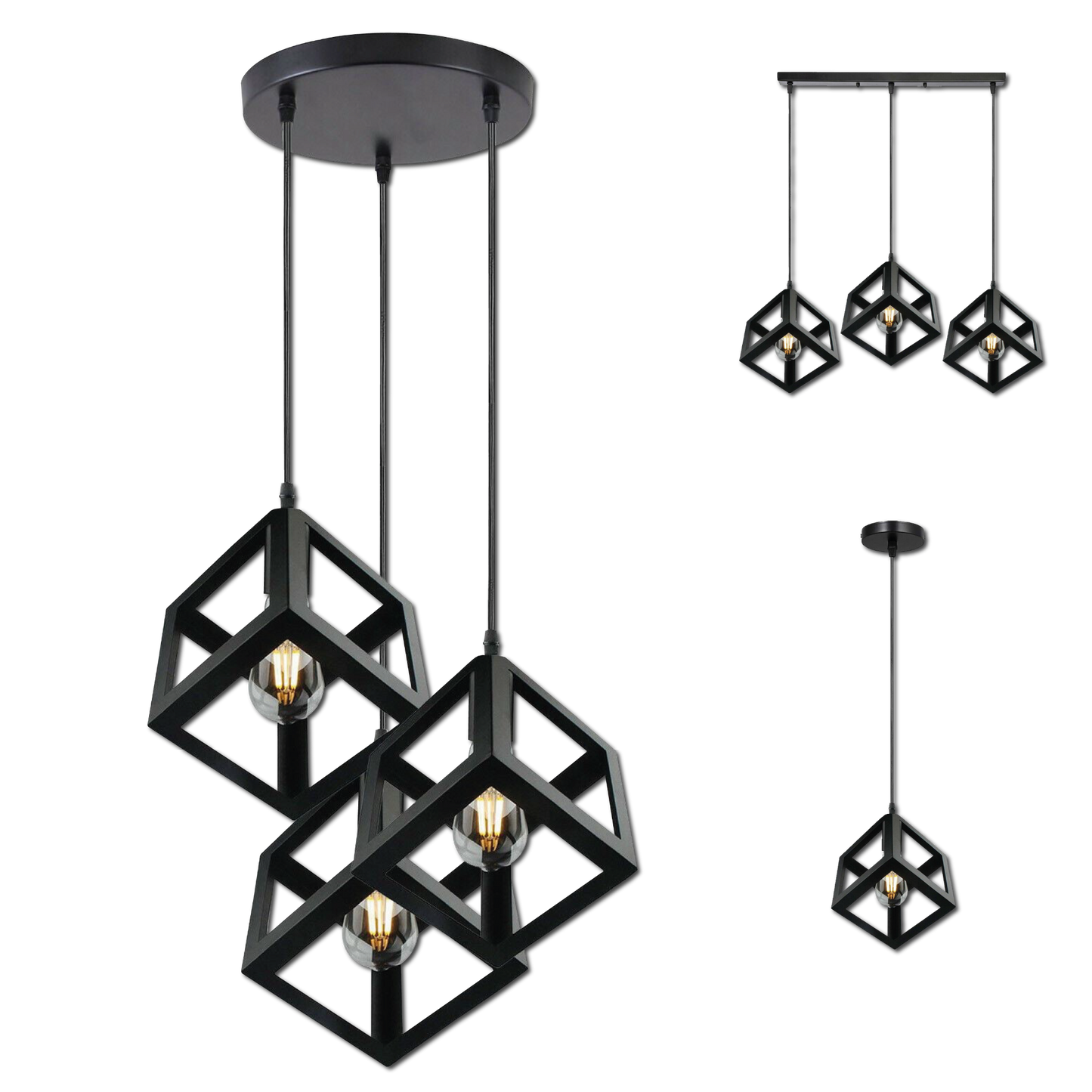 Vintage Industrial 1/3 Light Black Square Cluster Pendant Light Fitting~1256