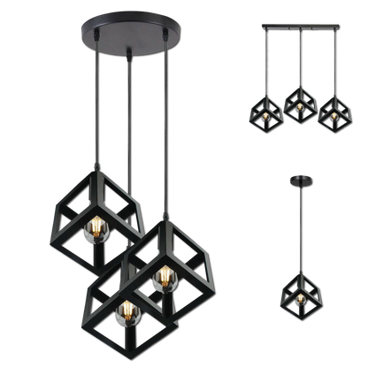 Vintage Industrial 1/3 Light Black Square Cluster Pendant Light Fitting~1256