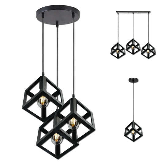 Vintage Industrial 1/3 Light Black Square Cluster Pendant Light Fitting~1256