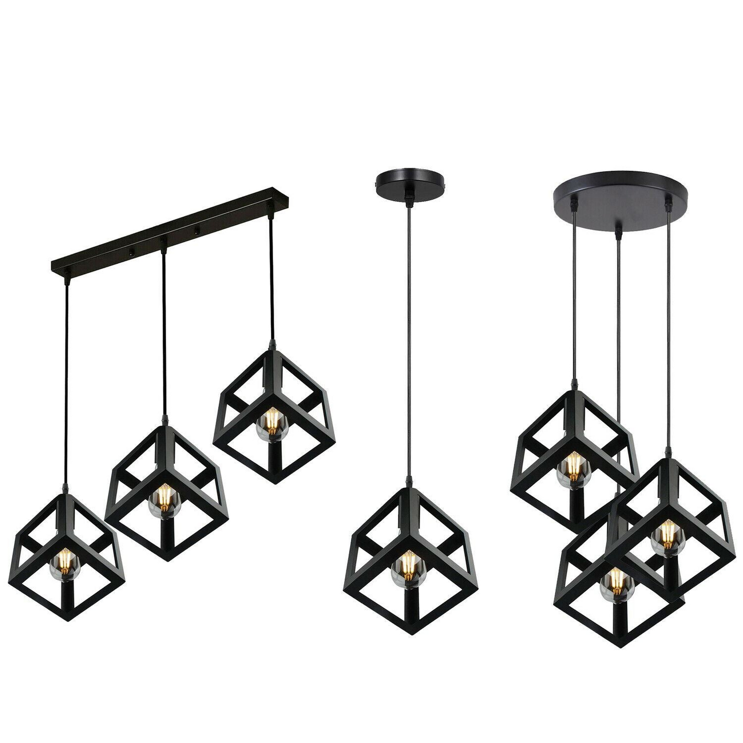 Vintage Industrial 1/3 Light Black Square Cluster Pendant Light Fitting~1256