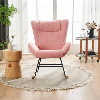 Rocking Chair Nursery, Solid Wood Legs Reading Chair with Teddy Fabric Upholstered , Nap Armchair for Living Rooms, Bedrooms, Offices, Best Gift,Pink Teddy fabric