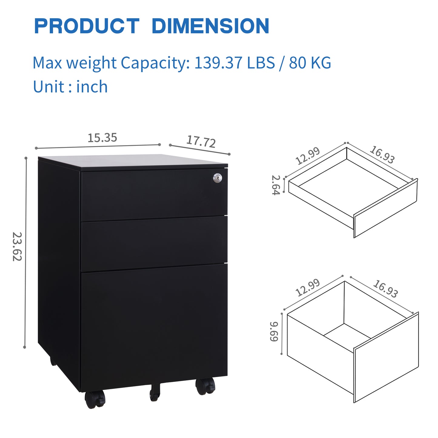 3 Drawer Mobile File Cabinet with Lock Steel File Cabinet for Legal/Letter/A4/F4 Size, Fully Assembled Include Wheels, Home/ Office Design