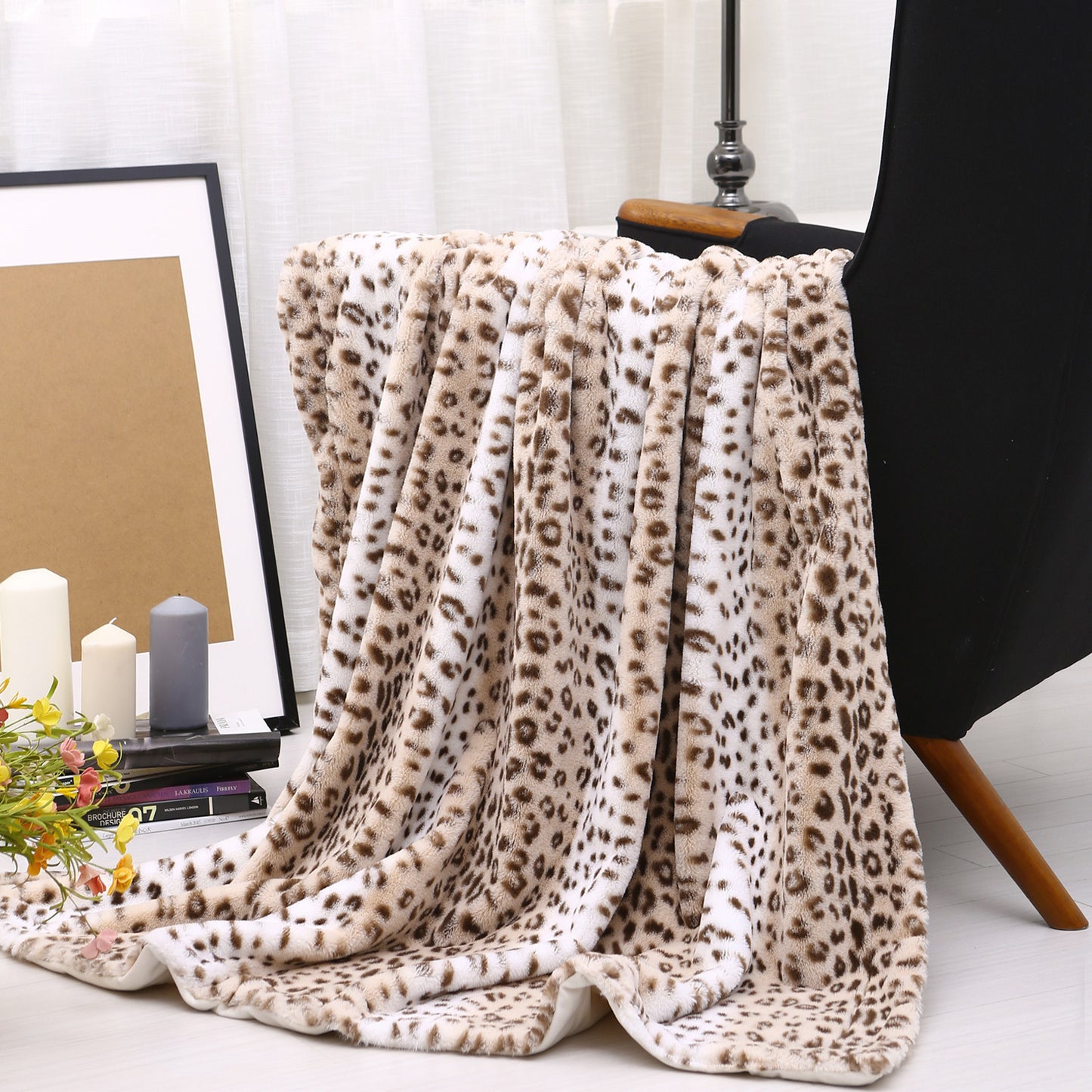 Printed Faux Rabbit Fur Throw, Lightweight Plush Cozy Soft Blanket, 60" x 70", Sand Leopard