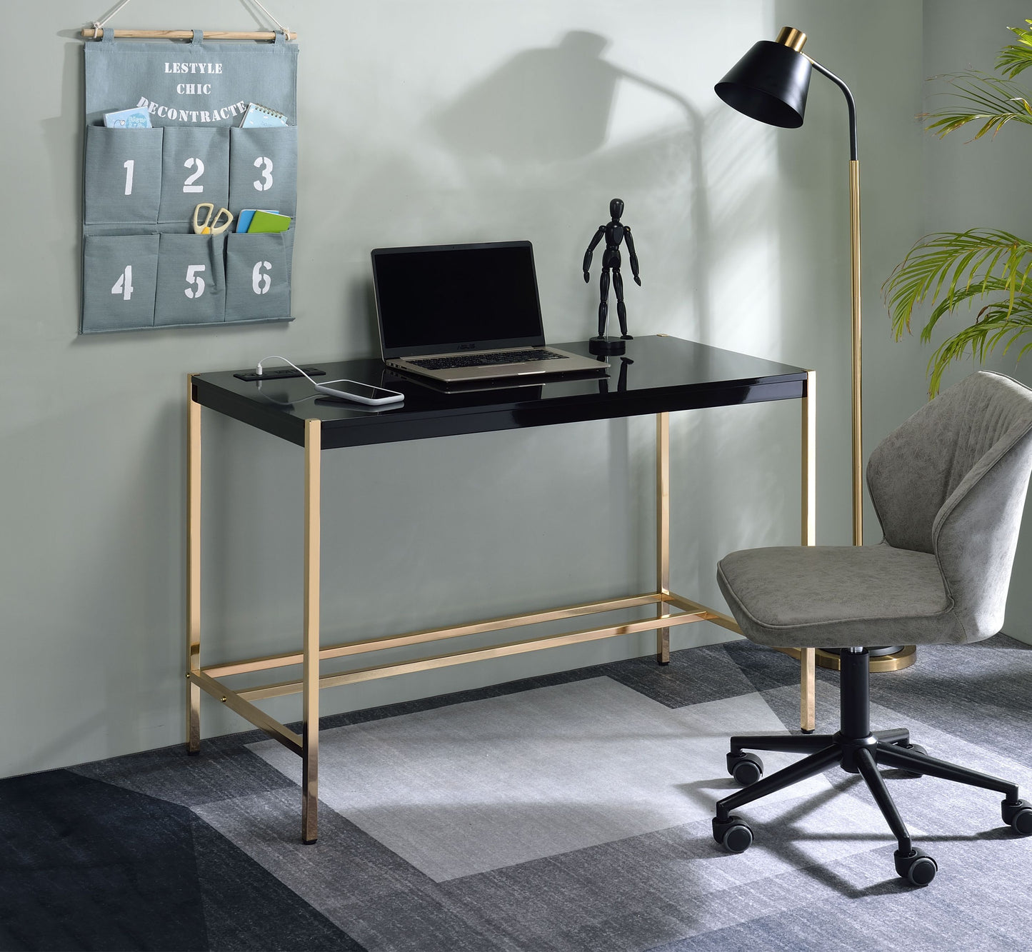 ACME Midriaks Writing Desk w/USB Port in Black & Gold Finish OF00021