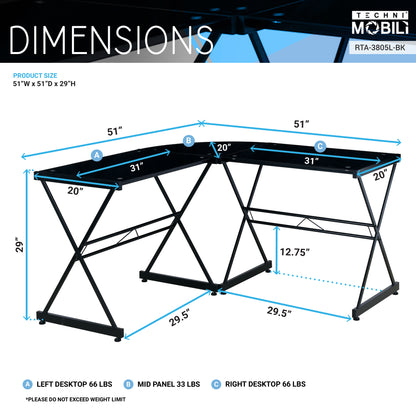 Techni Mobili L-Shaped Glass Computer Desk, Black