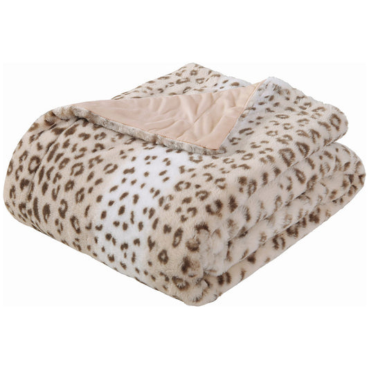 Printed Faux Rabbit Fur Throw, Lightweight Plush Cozy Soft Blanket, 60" x 70", Sand Leopard