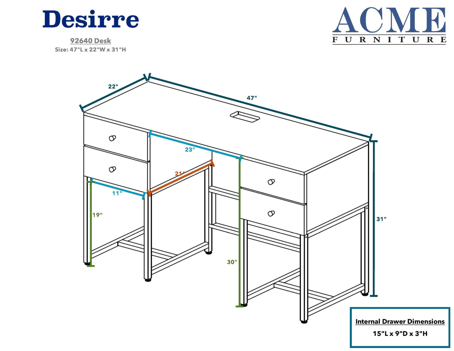 ACME Desirre Desk, Rustic Oak & Black 92640