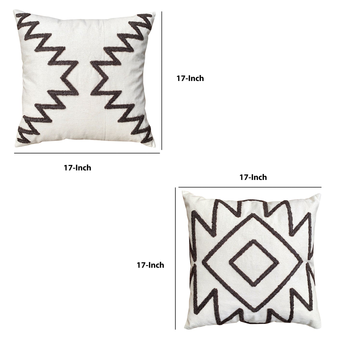 17 x 17 Inch 2 Piece Square Cotton Accent Throw Pillow Set with Modern Geometric Aztec Design Embroidery, White, Gray