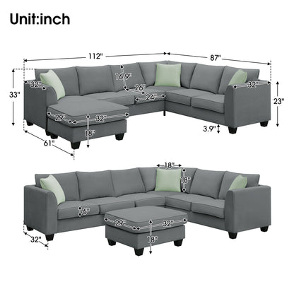 [VIDEO provided] 112*87" Sectional Sofa Couches Living Room Sets 7 Seats Modular Sectional Sofa with Ottoman L Shape Fabric Sofa Corner Couch Set with 3 Pillows, Grey