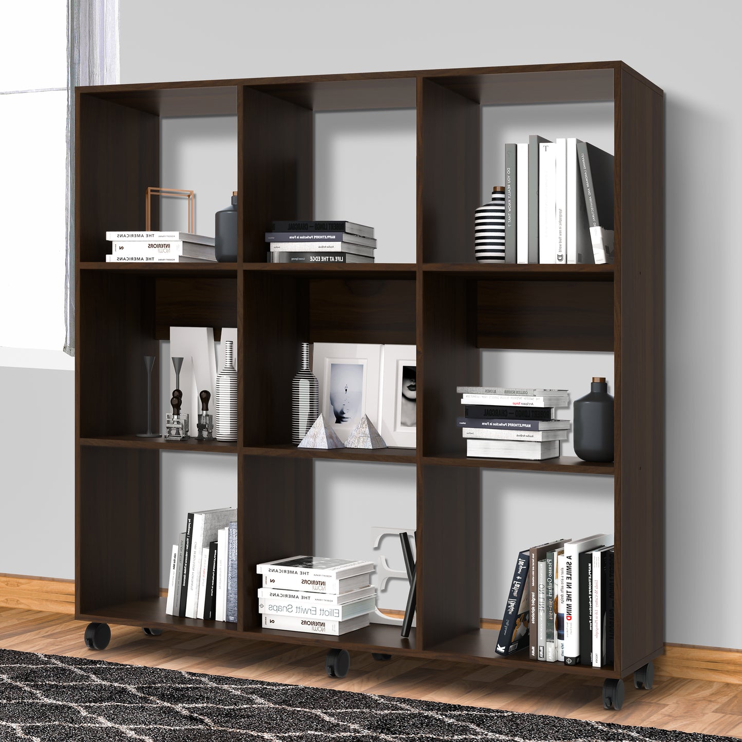 49 Inch Handcrafted Classic Wood Bookcase, 9 Open Compartments, Caster Wheels, Espresso Brown