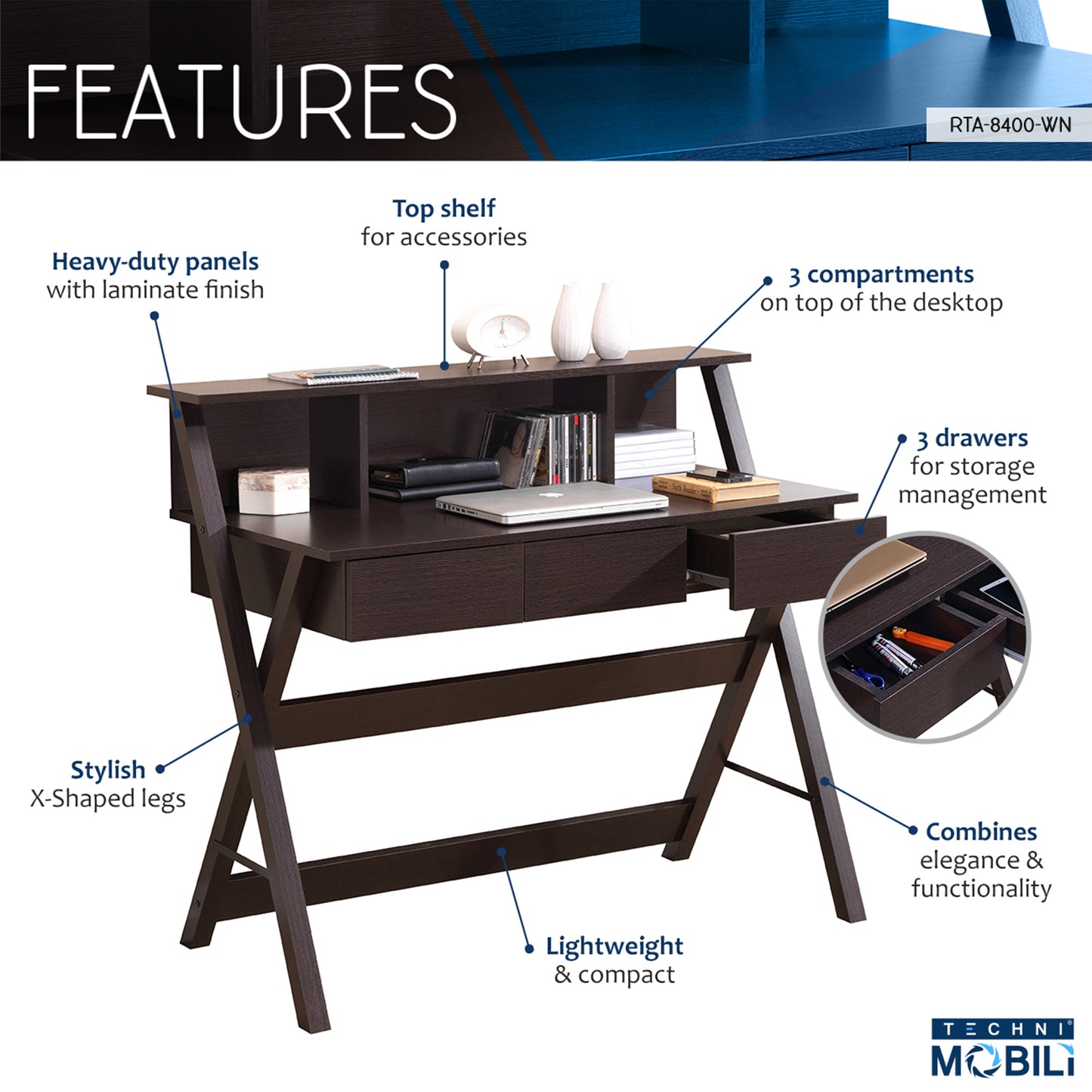 Techni Mobili Writing Desk with Storage, Wenge